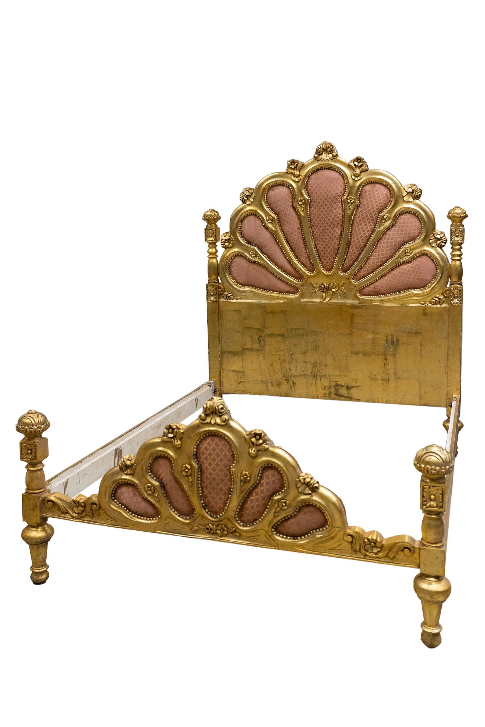 CARVED WOOD BED: in four pieces 72 inches wide; 64 inches deep 73 inches high