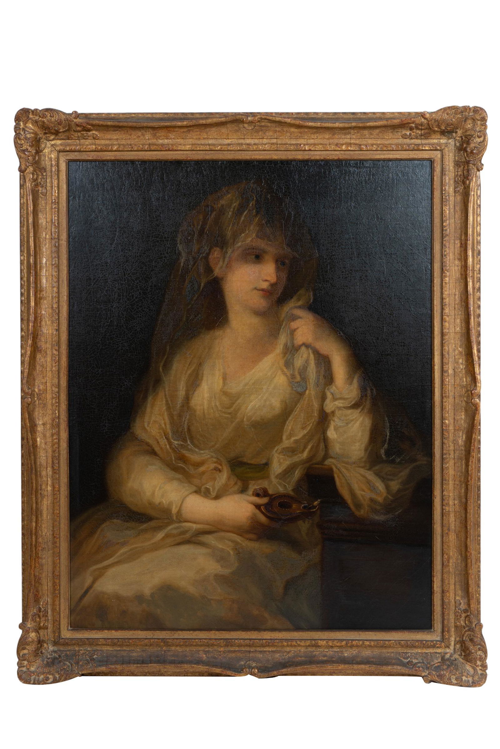 AFTER ANGELICA KAUFFMANN: PORTRAIT OF A WOMAN: oil on board, unsigned, with printed partial paper label verso "...man. Angelica (Swiss 1741 - 1807) 'Portrait of a Woman'" Condition: craquelure throughout 38 x 30 inches; 43 1/2 x 35 inches frame