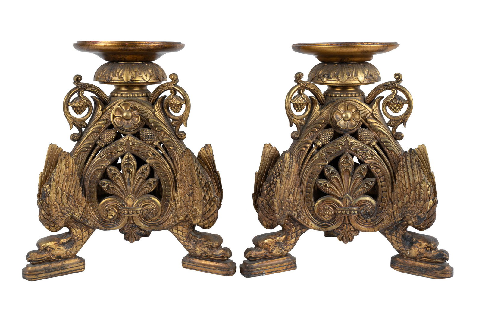 PAIR OF EMPIRE STYLE GILT METAL TRIPOD BASES: Condition: the tops probably associated later additions. The tops and bases mismatched in color. Heavy wear to finish. Scratches throughout. each 13 inches wide; 13 inches deep; 14 inches high