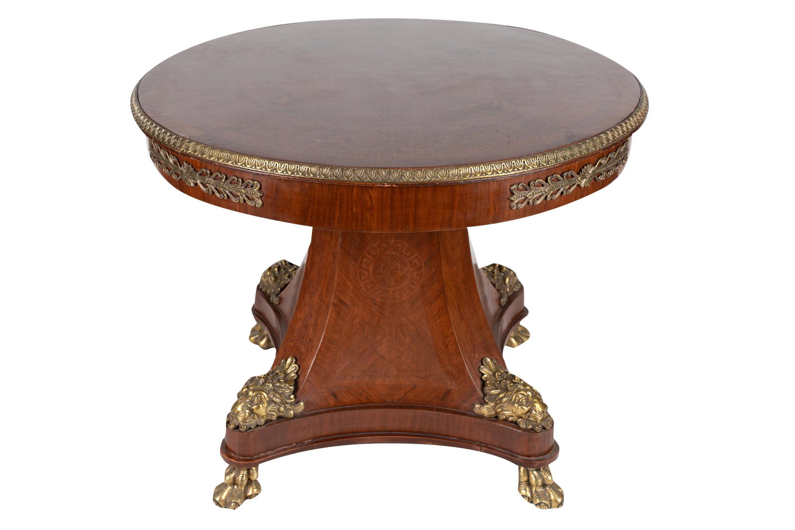 MARQUETRY-INLAID CENTER TABLE: with gilt-metal mounts, on a quadripartite pedestal base Condition: top with fading, cracks and stains. 41 inches diameter; 32 inches high