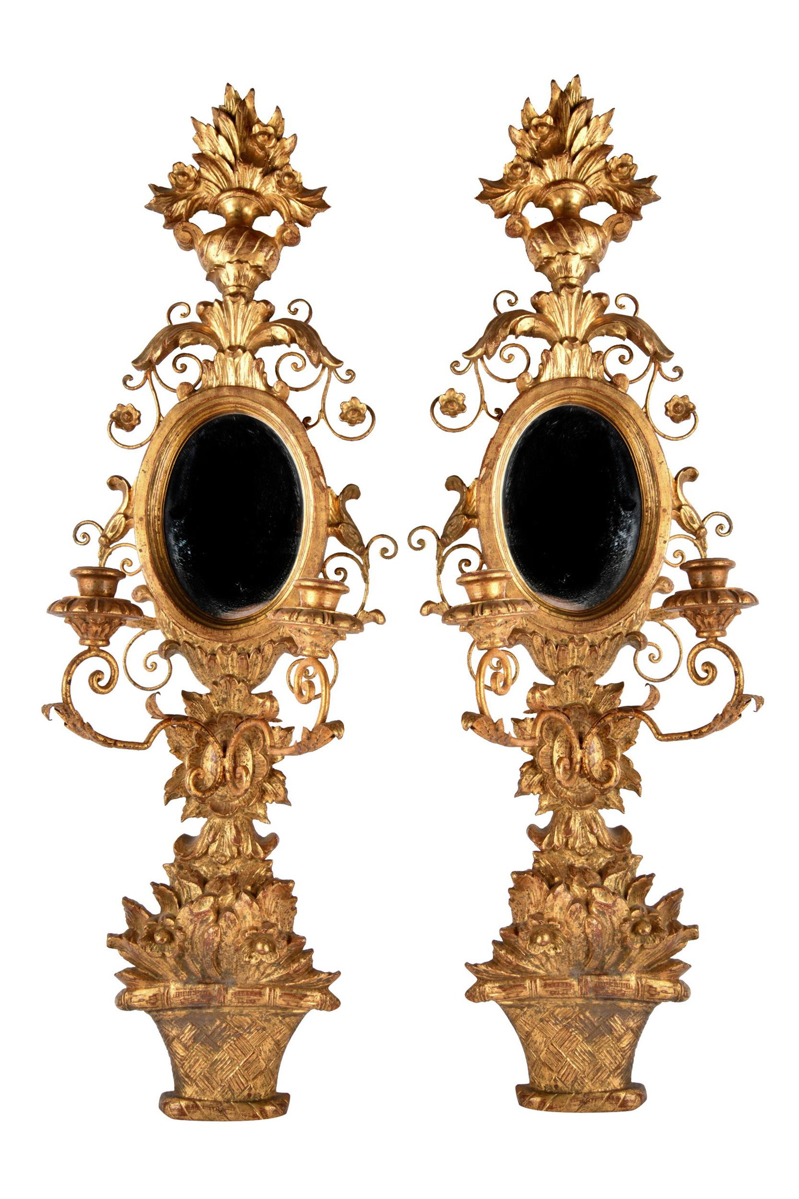 PAIR OF GILT WOOD & GESSO SCONCES: each with two arms and mirrored back 11 inches wide; 6 1/4 inches deep; 34 inches high