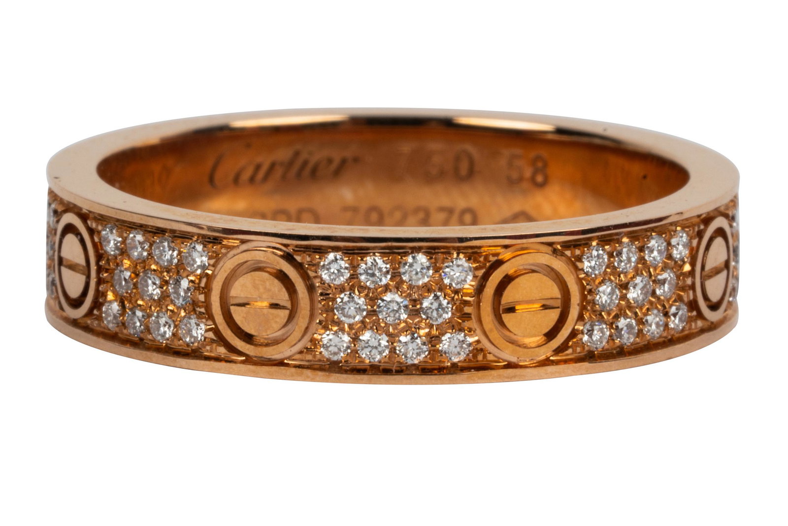 18 KARAT ROSE GOLD & DIAMOND BAND RING: attributed to Cartier, 'Love' style containing 88 full cut diamonds [G/VS] weighing approximately 0.44 carats total; stamped no. '792379'' 5.9 grams Note: with box, no paperwork size: 8 1/4