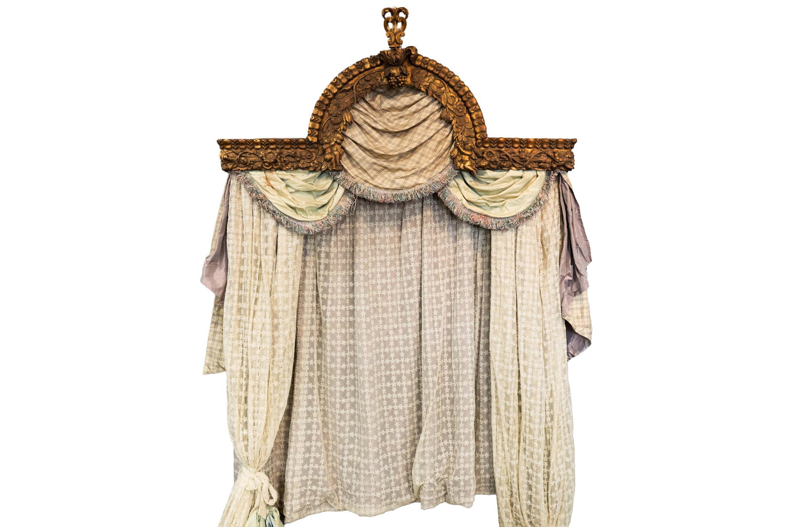 ITALIAN CARVED GILTWOOD VALANCE: with attached sheer draperies Condition: losses to gilding 63 inches wide; 41 inches high
