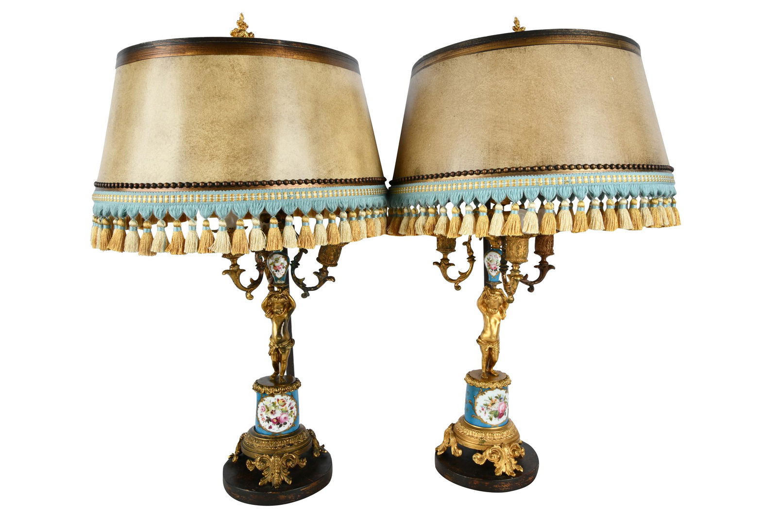 PAIR SEVRES-STYLE GILT METAL & PORCELAIN CANDELABRA (1 of 12)