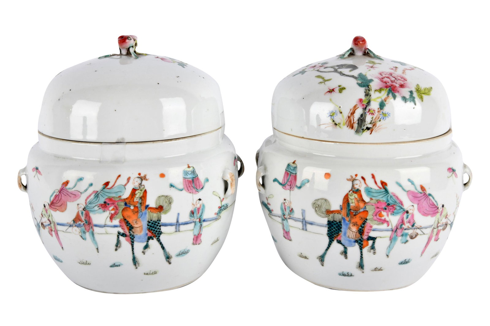 PAIR OF CHINESE PORCELAIN COVERED JARS: each with iron red seal mark to underside Condition: one lid with chips to rim. 8 inches diameter; 8 1/2 inches high