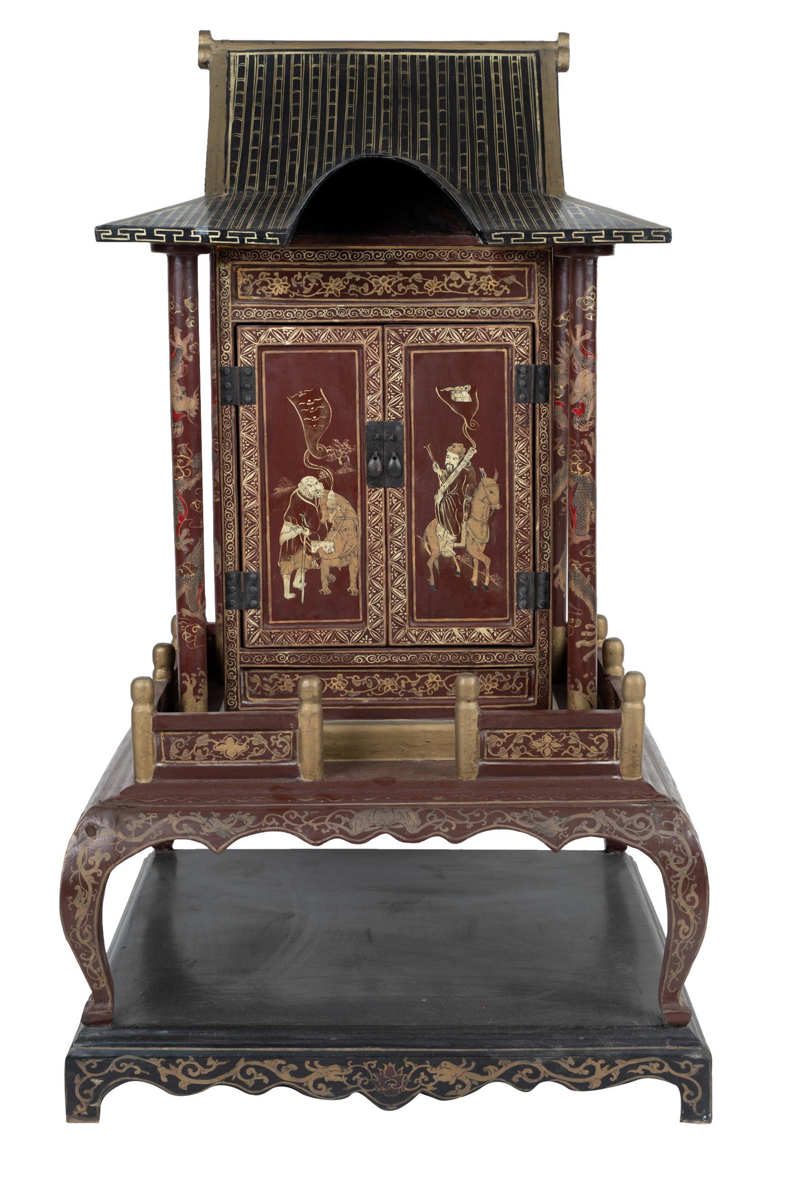 CHINESE LACQUERED WOOD PAGODA: with two hinged doors opening on one side, affixed to ebonized wood base Condition: with repainting and loss to gilt paint; possible areas of touch up throughout; with cracking to veneer at corners th