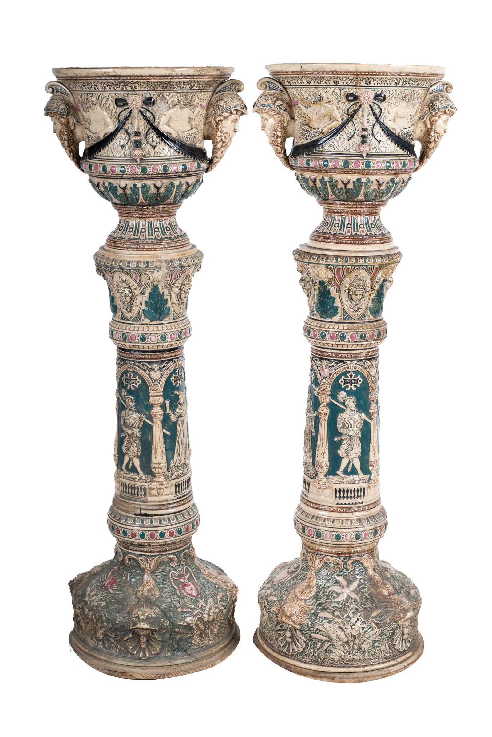 PAIR OF CERAMIC URNS ON PEDESTAL BASES (1 of 15)
