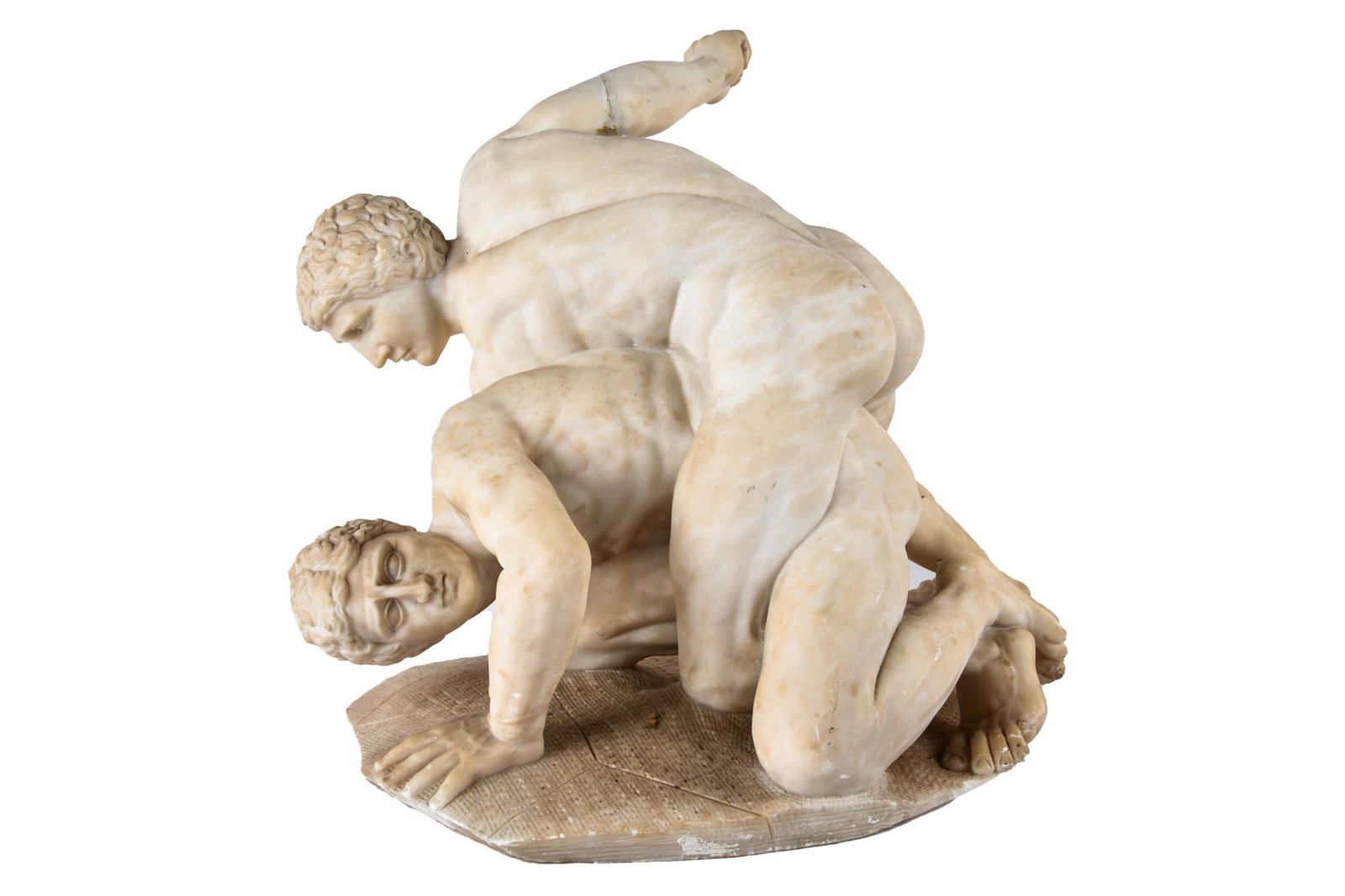 ITALIAN SCHOOL: WRESTLERS: carved alabaster, incised signature to base "Gino Cappolla" with illegible number Condition: with repair to arm. Scattered scratches and abrasions. 20 inches wide; 13 inches deep; 16 1/2 inches high