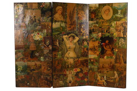 THREE-PANEL DECOUPAGE SCREEN: with Victorian scenes Provenance: The Estate of Judith Krantz, Bel Air Condition: tears and loss each panel: 65 1/2 x 29 inches