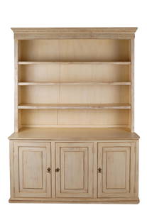 RICHARD MULLIGAN PAINTED WOOD BOOKCASE: with label "Richard Mulligan Los Angeles," constructed in two parts, the upper part with three shelves, the outset lower section with three hinged doors concealing a shelf and three drawers