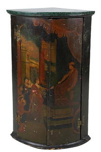 PAINTED WOOD CORNER CABINET: the curved, hinged doors opening to three shelves Provenance: The Estate of Judith Krantz, Bel Air Condition: with chipped losses to paint. One door loose on hinges. No latch. 23 1/2 inches wide;