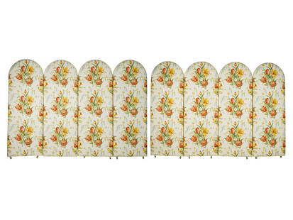 PAIR OF UPHOLSTERED FOUR-PANEL SCREENS: with floral upholstery Provenance: The Estate of Judith Krantz, Bel Air each screen 96 inches wide; 70 inches high