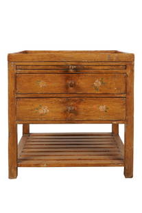 RICHARD MULLIGAN PAINTED WOOD SIDE TABLE: with metal label dated 1991, the rimmed top and drawer fronts painted with roses; having a sliding shelf over two drawers Provenance: The Estate of Judith Krantz, Bel Air Condition: with general