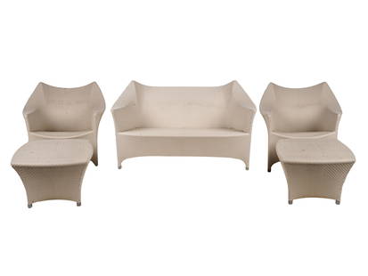 SET OF JANUS ET CIE WOVEN PATIO FURNITURE: 'Amari Vita' model, with manufacturer's labels, comprising a settee (57 inches wide; 22 inches deep; 33 inches high), two armchairs (33 1/2 inches wide), and two ottoman/side tables (23 1/4 inches