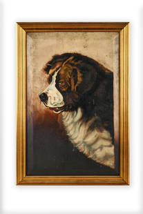 UNKNOWN ARTIST: PORTRAIT OF A SAINT BERNARD: oil on wood panel Provenance: The Estate of Judith Krantz, Bel Air Condition: needs cleaning. Specks of paint loss. 20 x 13 inches; 22 1/4 x 15 1/4 inches frame