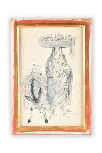 REUVEN RUBIN (1893 - 1974): MOTHER & CHILD WITH DONKEY: ink wash signed lower right Provenance: The Estate of Judith Krantz, Bel Air 15 1/2 x 10 inches sight; 18 x 12 1/2 inches frame