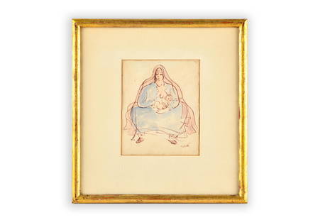 REUVEN RUBIN (1893 - 1974): NURSING MOTHER: ink and watercolor on paper signed lower right Provenance: The Estate of Judith Krantz, Bel Air 5 3/4 x 4 1/2 inches sight; 10 3/4 x 10 1/4 inches frame