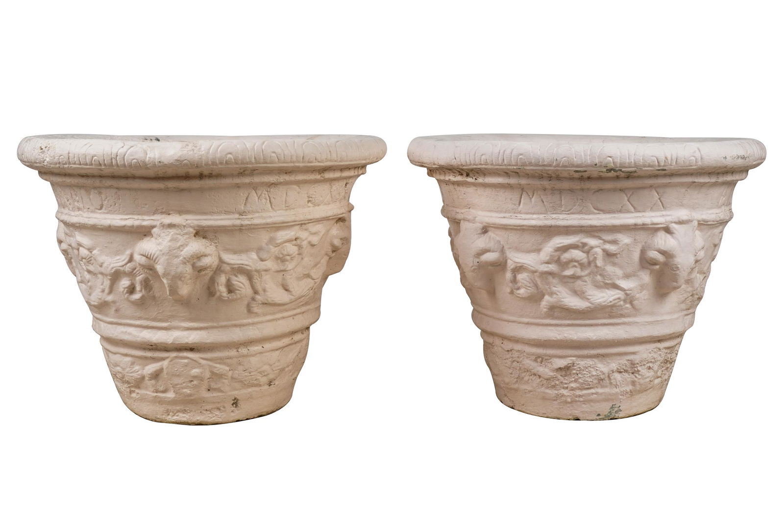 PAIR OF PINK-PAINTED CAST CEMENT PLANTERS (1 of 11)