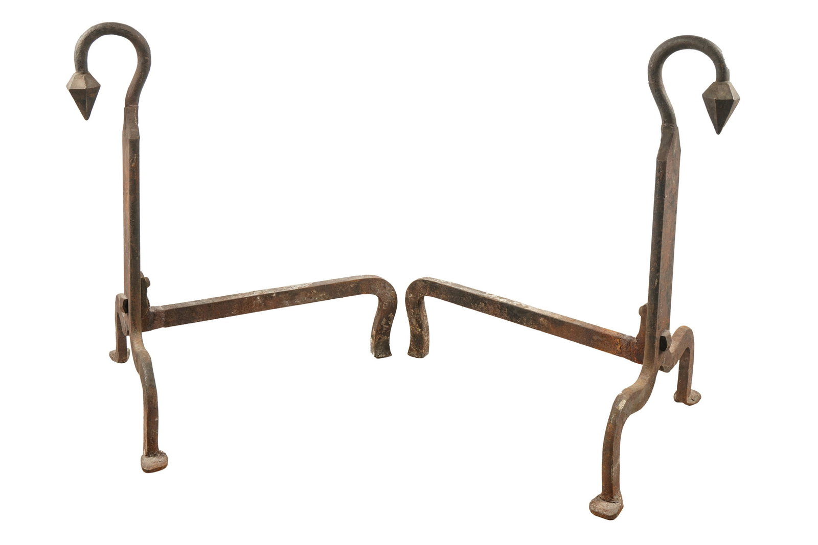 PAIR OF WROUGHT IRON ANDIRONS: Condition: heavy oxidation. 12 inches wide; 21 inches deep; 31 inches high