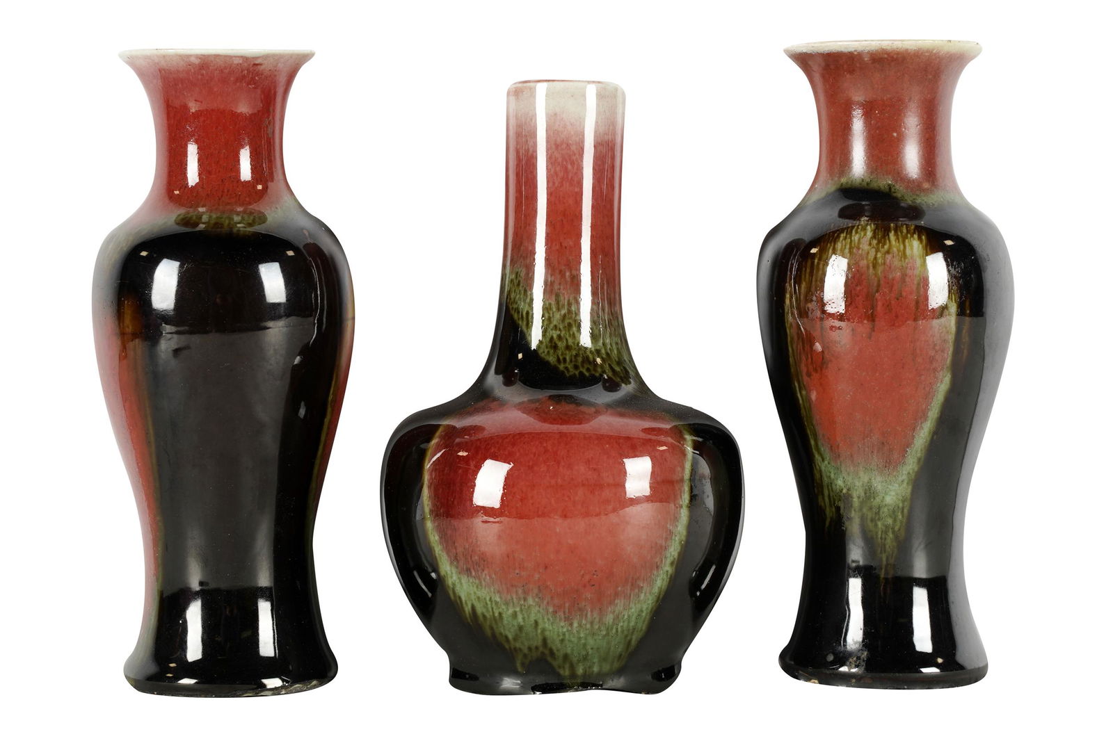 THREE FLAMBE GLAZED CERAMIC VASES (1 of 8)