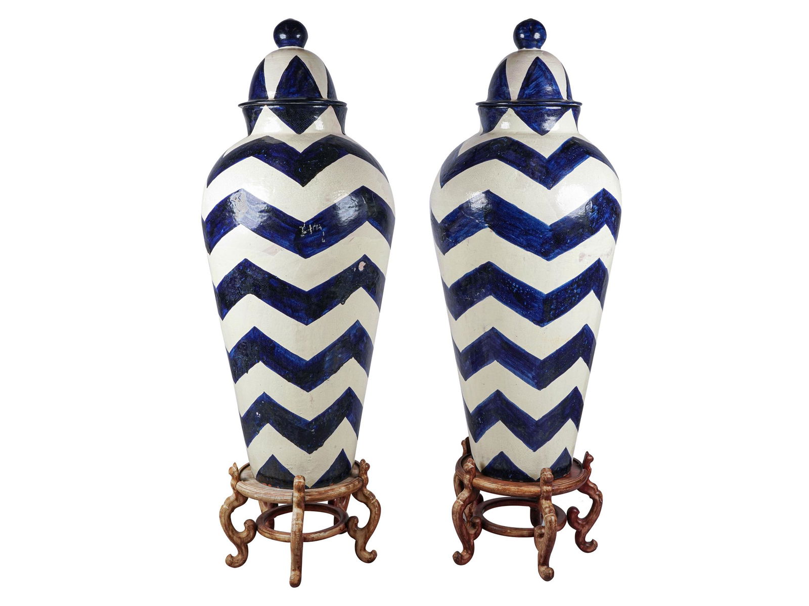 PAIR OF MEXICAN BLUE & WHITE-GLAZED CERAMIC URNS (1 of 9)
