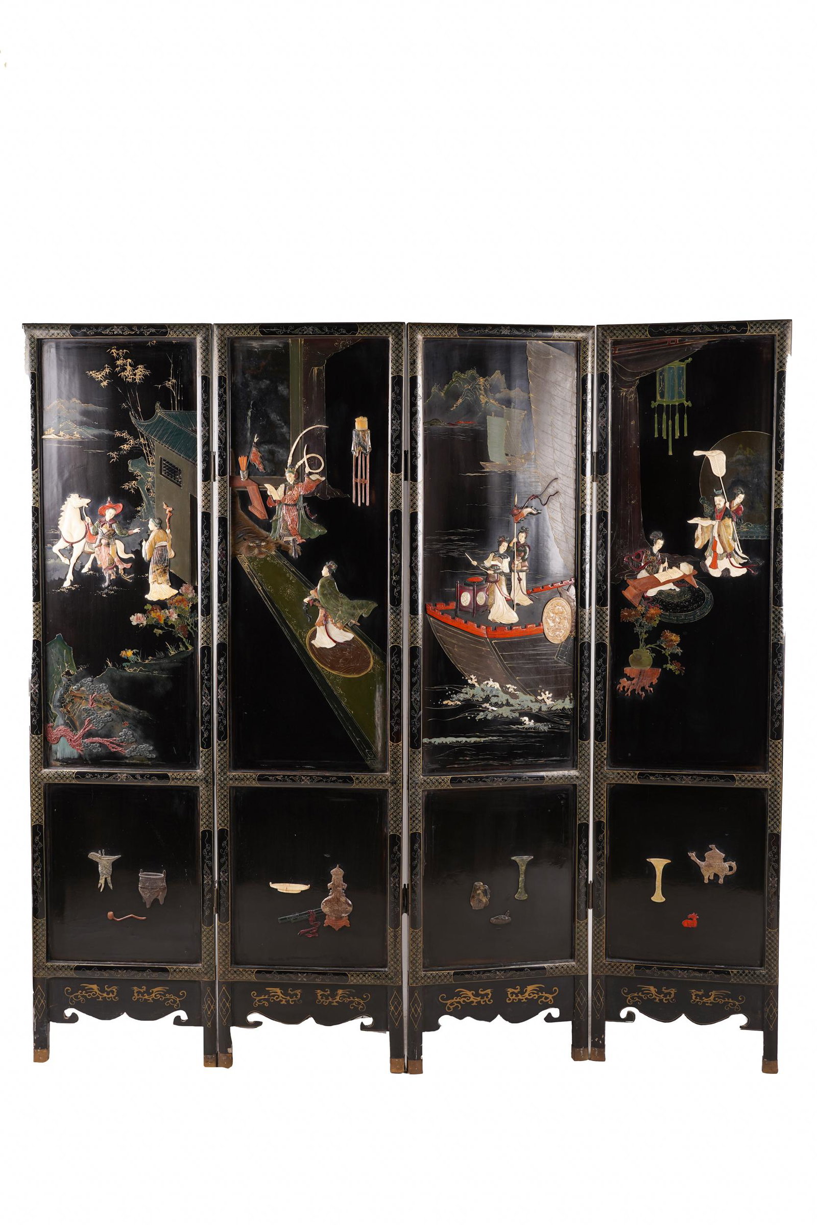 CHINESE STONE-INLAID FOUR-PANEL SCREEN: Condition: scattered cracks and nicks to wood. Scratches and areas of wear to lacquer. each panel 72 x 18 inches