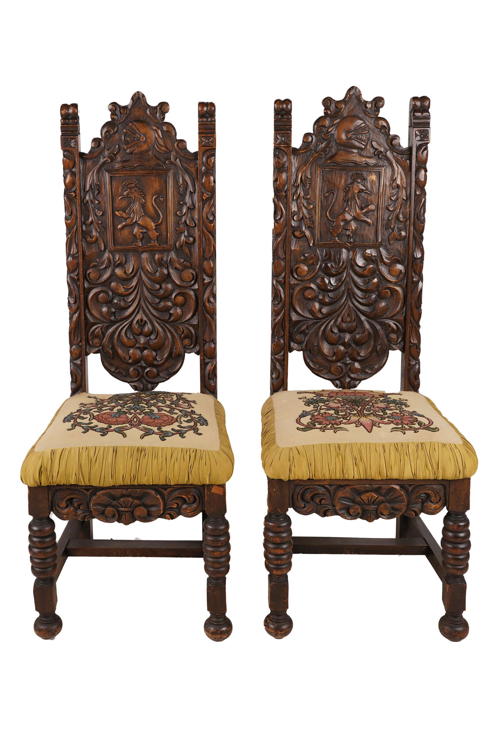 PAIR OF RENAISSANCE STYLE CARVED WOOD HALL CHAIRS (1 of 11)