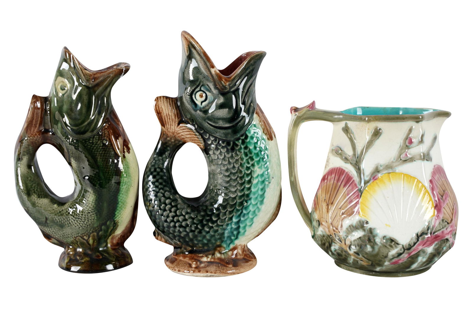 THREE ENGLISH MAJOLICA PITCHERS (1 of 11)