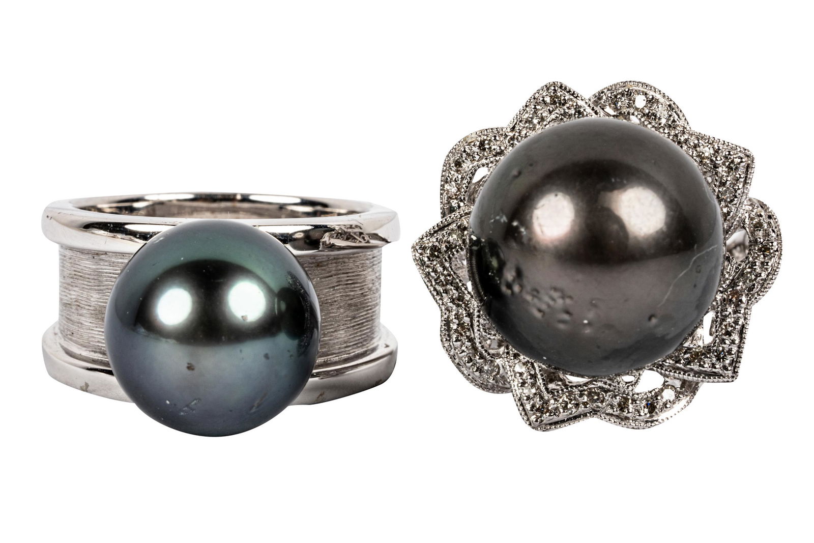 TWO 18 KARAT WHITE GOLD, DIAMOND, & BLACK PEARL RINGS (1 of 11)