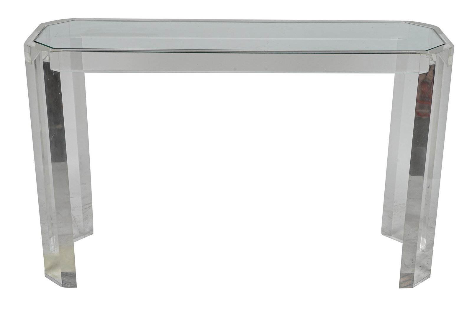 ACRYLIC SOFA TABLE: Provenance: The Estate of Judith Krantz, Bel Air Condition: scratches throughout. Slight cloudiness. 37 inches wide; 14 inches deep; 30 inches high