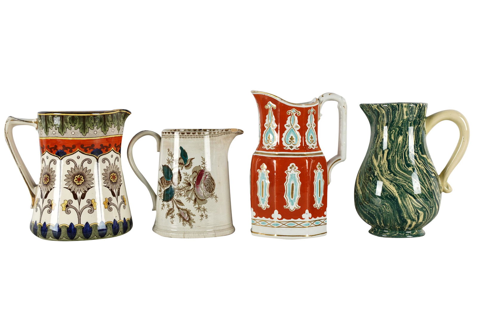 FOUR ENGLISH GLAZED CERAMIC PITCHERS (1 of 9)
