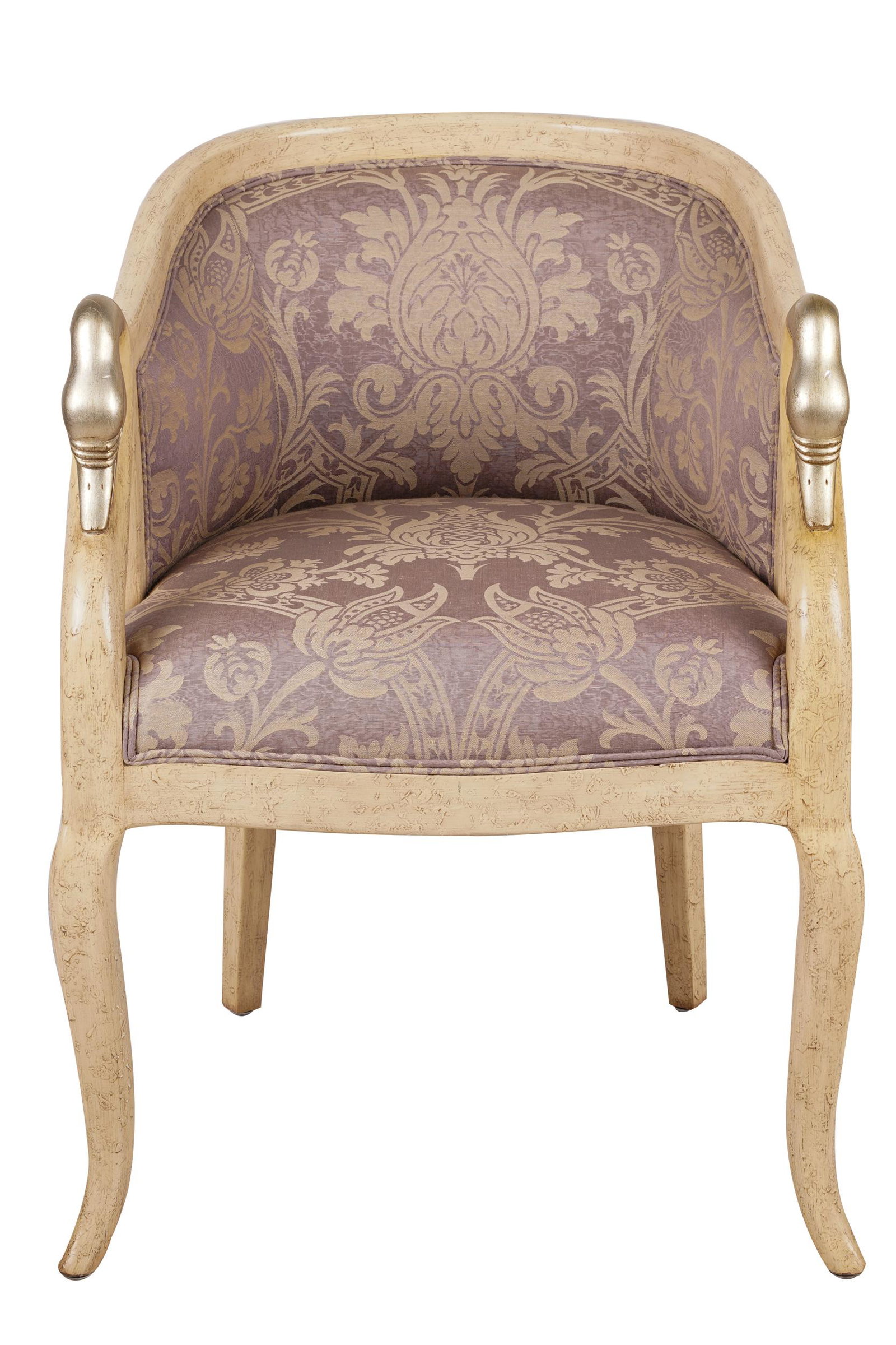 PAINTED & SILVERED WOOD TUB CHAIR: late 20th / early 21st century, unsigned, with swan-form arms, covered with lavender damask fabric Provenance: The Ferrari-Carano Winery Estate Villa Fiore, Healdsburg 25 inches wide; 24 inches deep; 