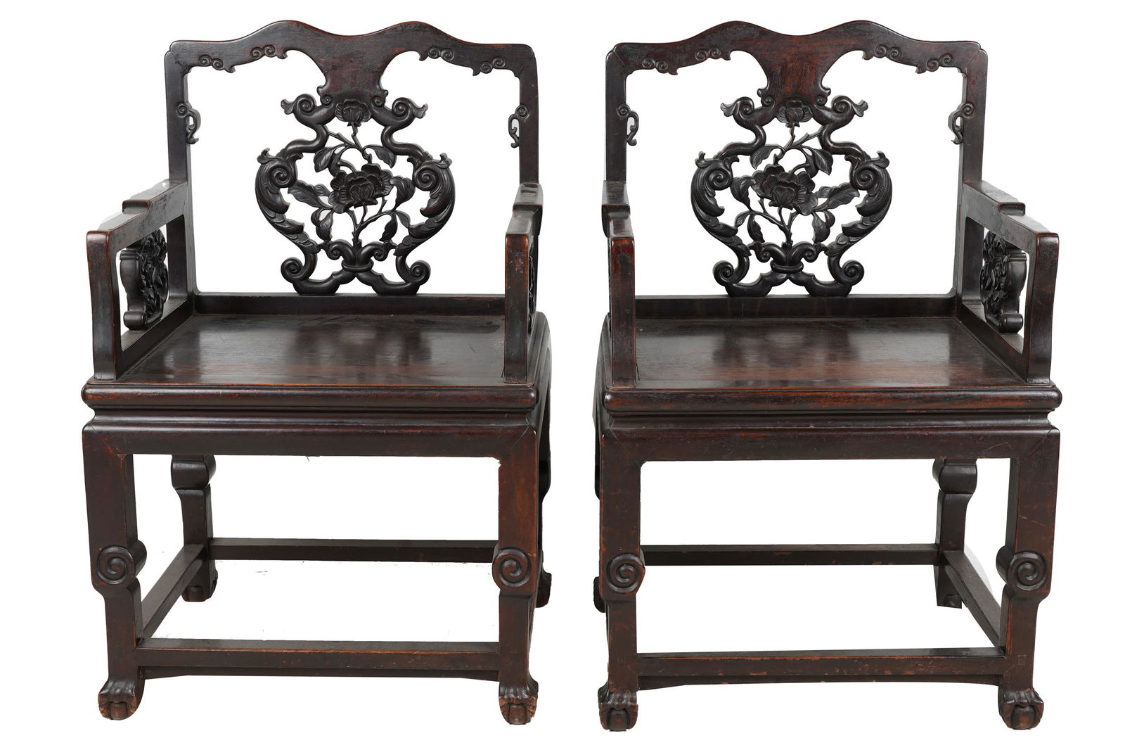 PAIR OF CHINESE CARVED HARDWOOD ARMCHAIRS (1 of 12)