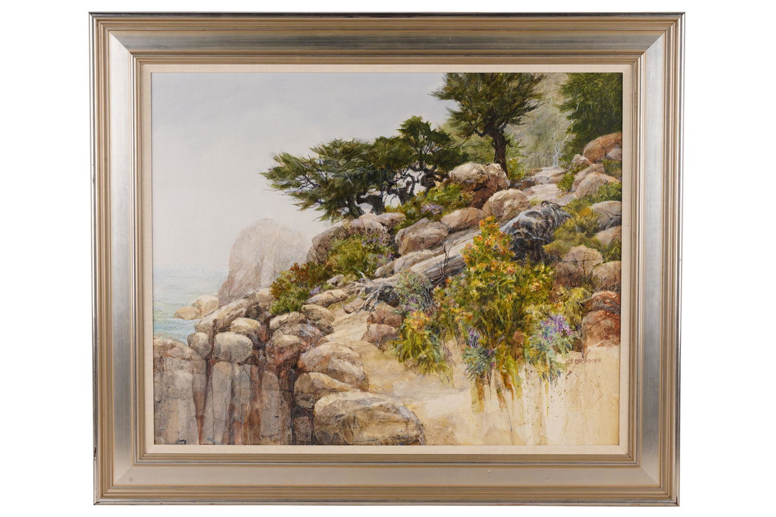 GERALD F. BROMMER (B. 1927): "CARMEL THEME": 2004 acrylic & collage on canvas signed lower right titled and dated verso Provenance: The Estate of Barbara Beretich, Artist & Collector of Art, Claremont, CA. 24 x 30 inches; 30 3/4 x 37 inches fram