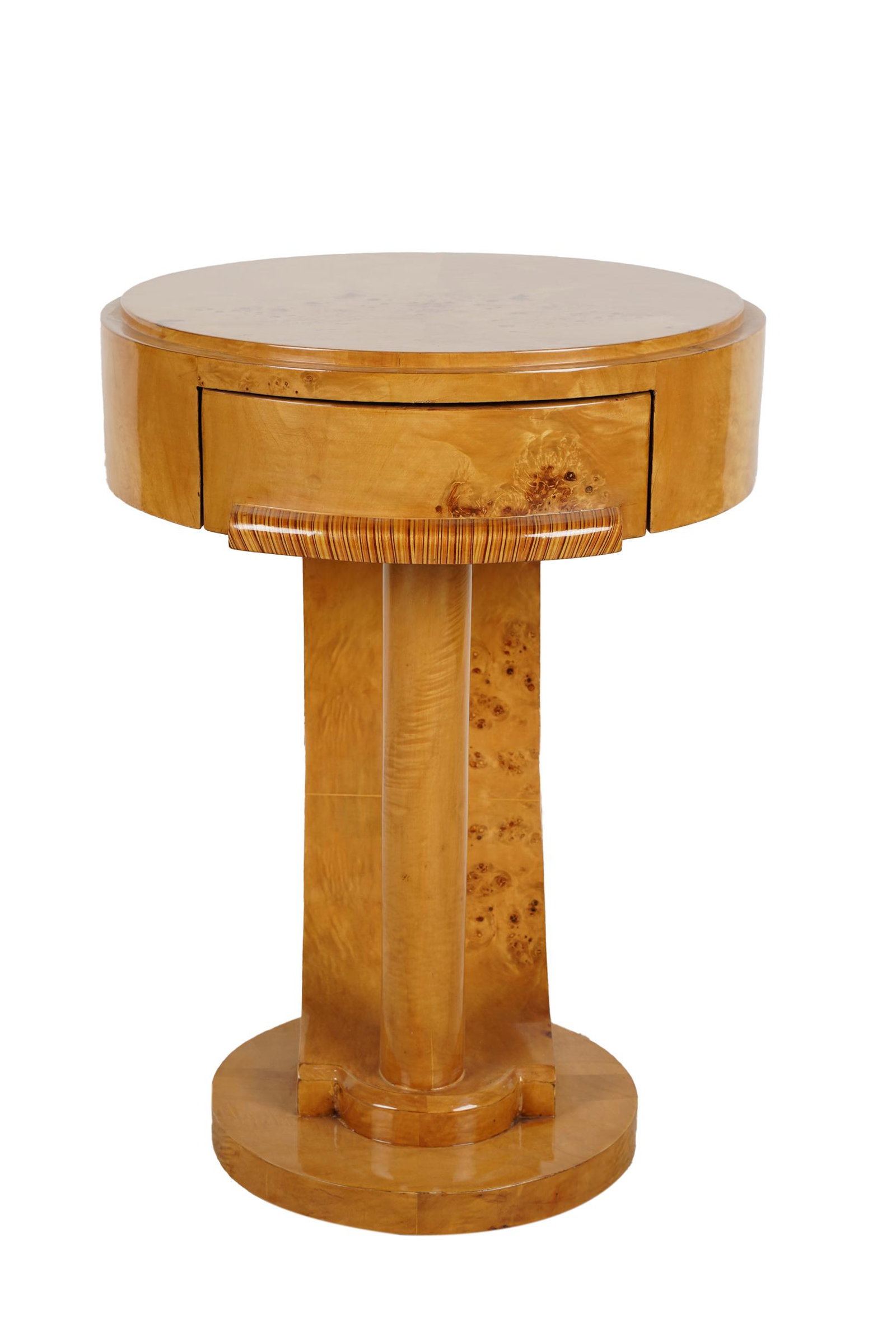 CIRCULAR ART DECO-STYLE TABLE: late 20th / early 21st century, with one drawer 19 inches diameter; 26 inches high