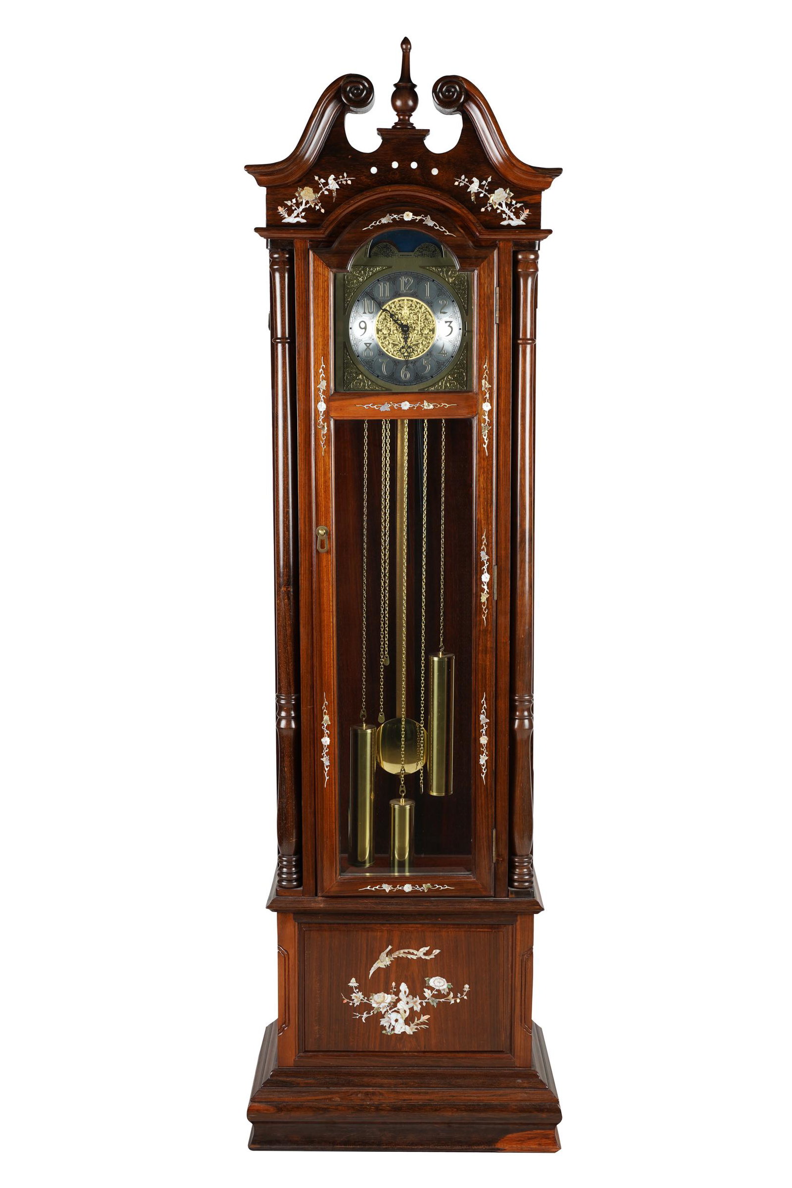 CHINESE INLAID TALL CASE CLOCK: the dial signed "Emperor" 23 1/2 inches wide; 13 inches deep; 80 1/2 inches high