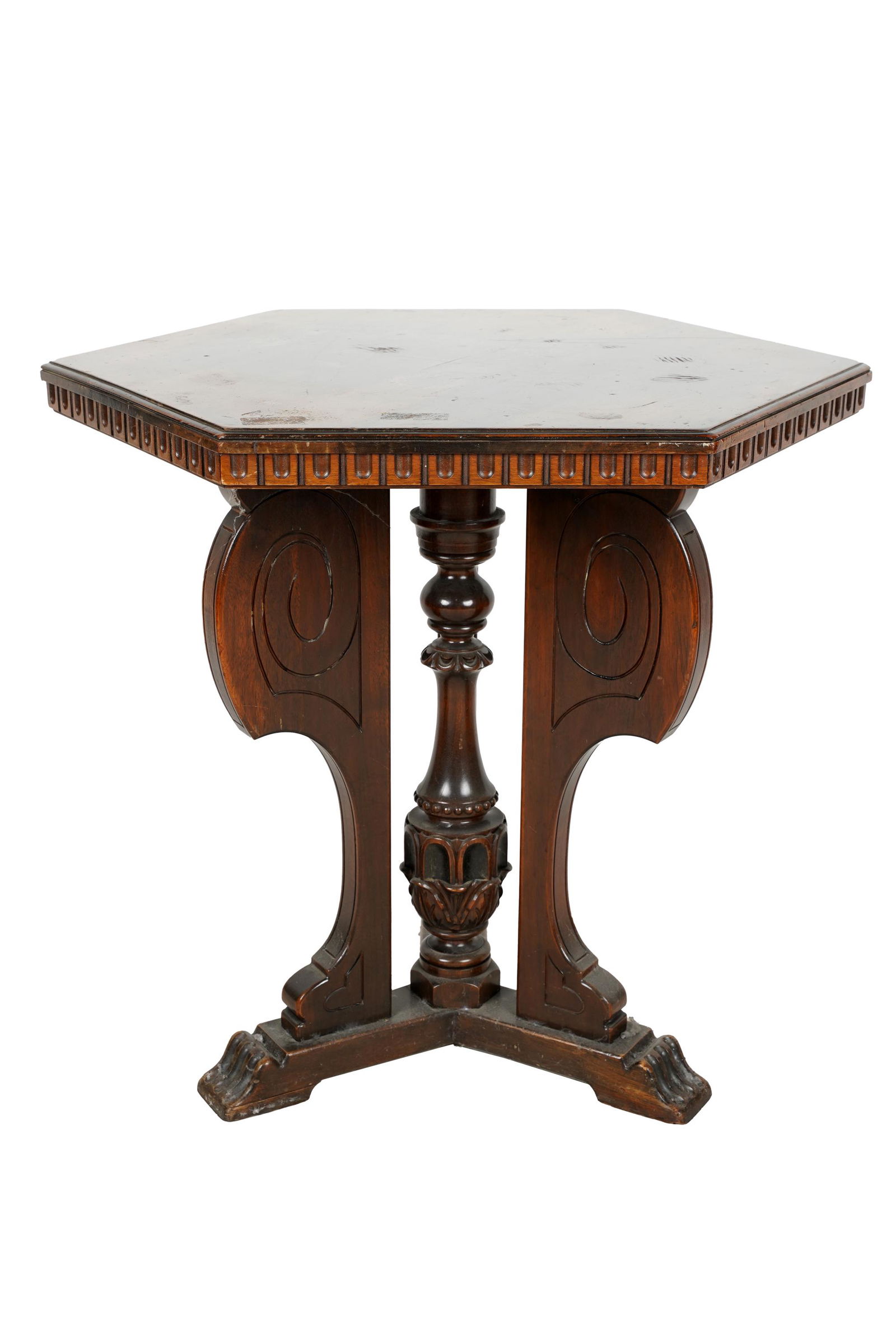 KITTINGER CARVED WALNUT HEXAGONAL TABLE (1 of 8)