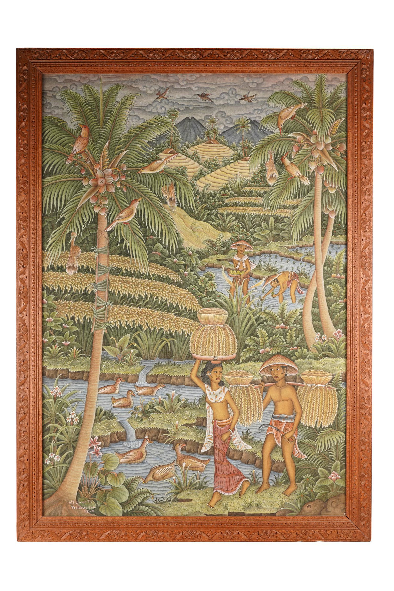 SUWETA: BALINESE LANDSCAPE: oil on canvas signed lower right 52 x 37 1/2 inches frame