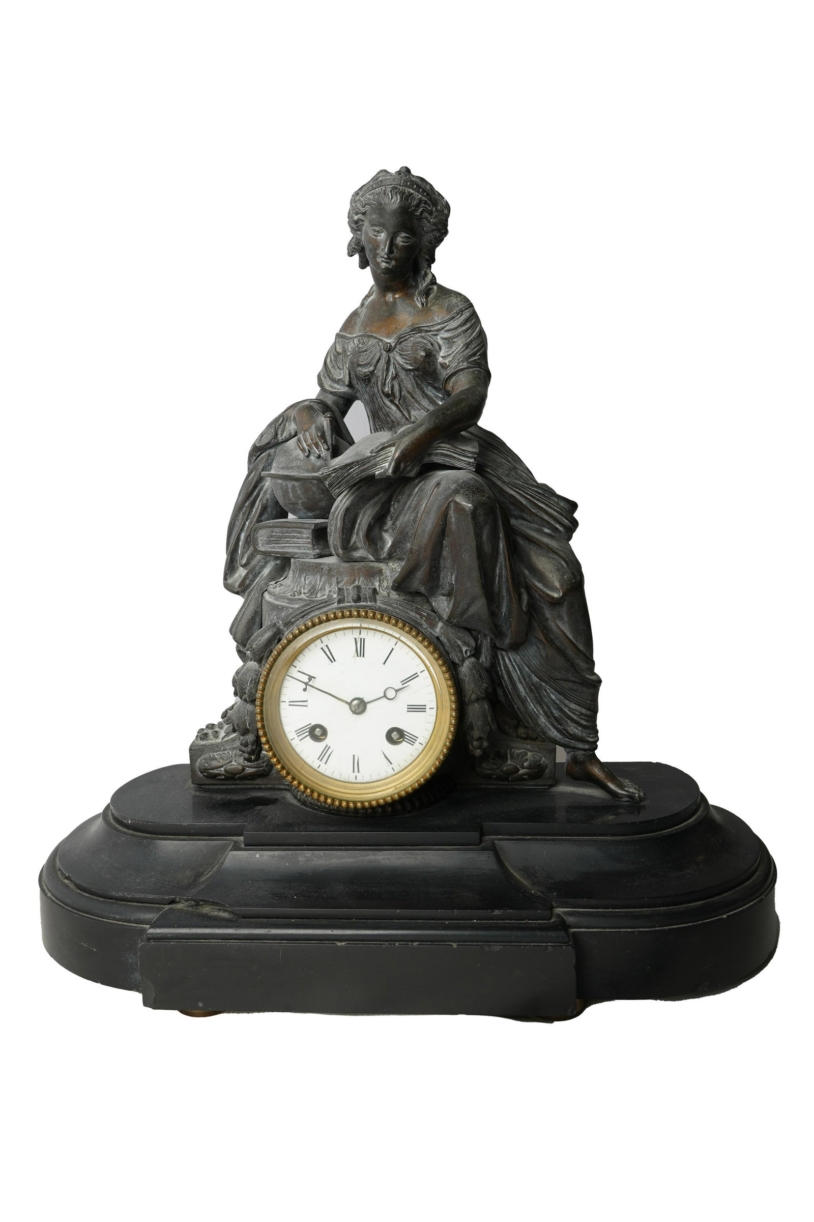 BRONZE FIGURAL MANTEL CLOCK: the dial unsigned, with movement; mounted on a black stone base Condition: wear to finish. Working condition unknown. 14 inches wide; 6 inches deep; 16 inches high