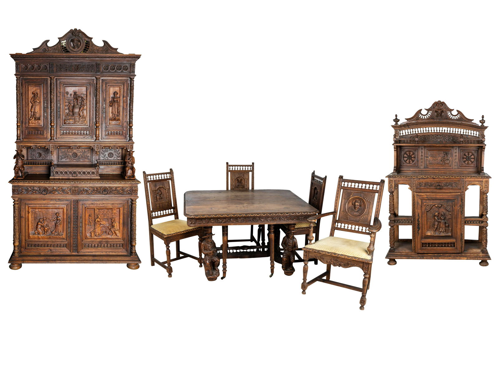 BELGIAN RENAISSANCE REVIVAL STYLE CARVED OAK DINING SET (1 of 20)