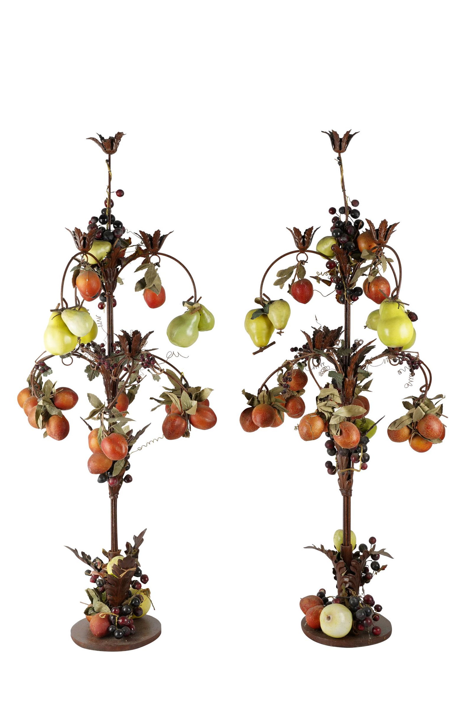 PAIR OF TOLE & PAPIER MACHE FRUIT CANDELABRA: with seven cups Condition: some fruit possibly missing 44 inches high