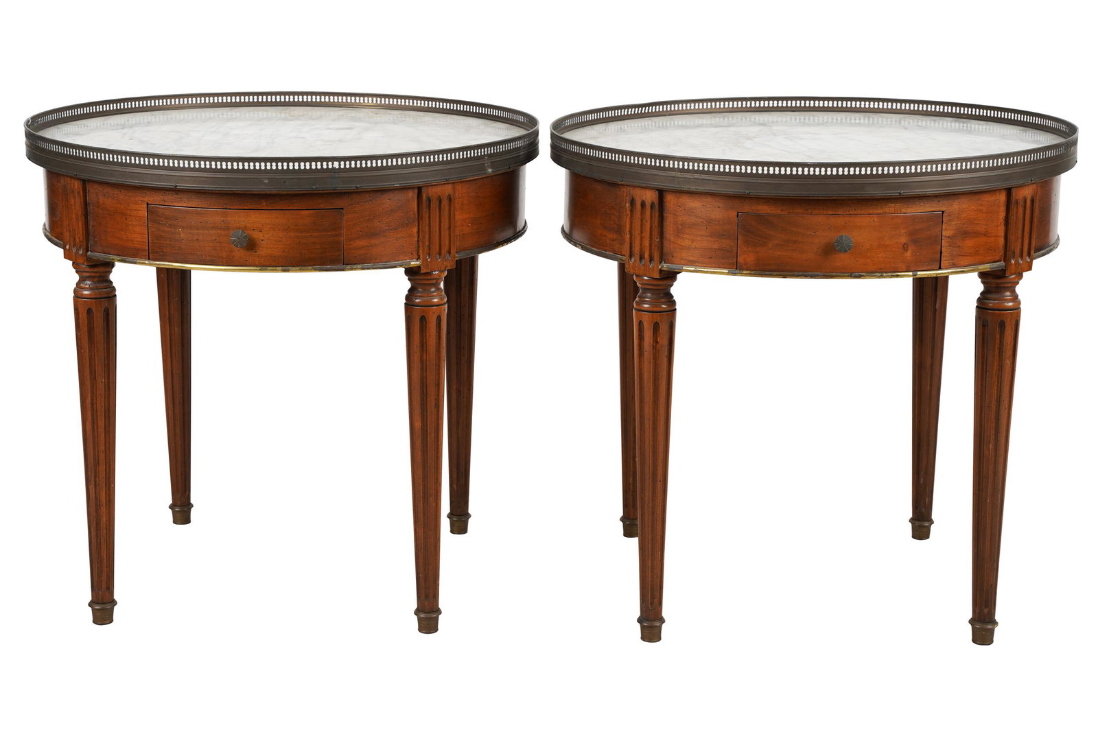 PAIR OF LOUIS XVI STYLE GALLERY RIM & MARBLE GUERIDONS: 24 inches diameter; 22 3/4 inches high