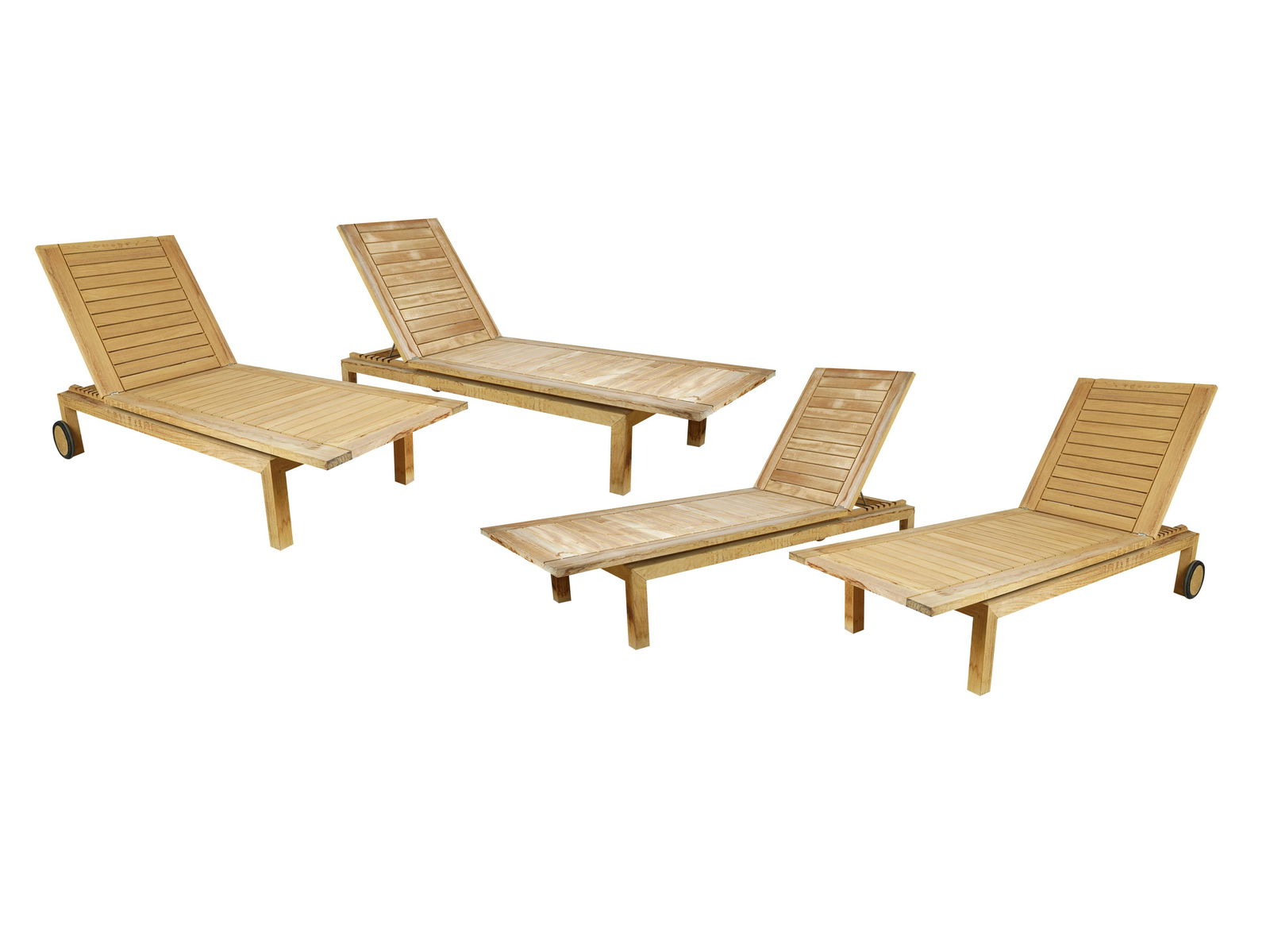 FOUR HENRY HALL TEAK PATIO CHAISES: each with metal label to side 78 inches long