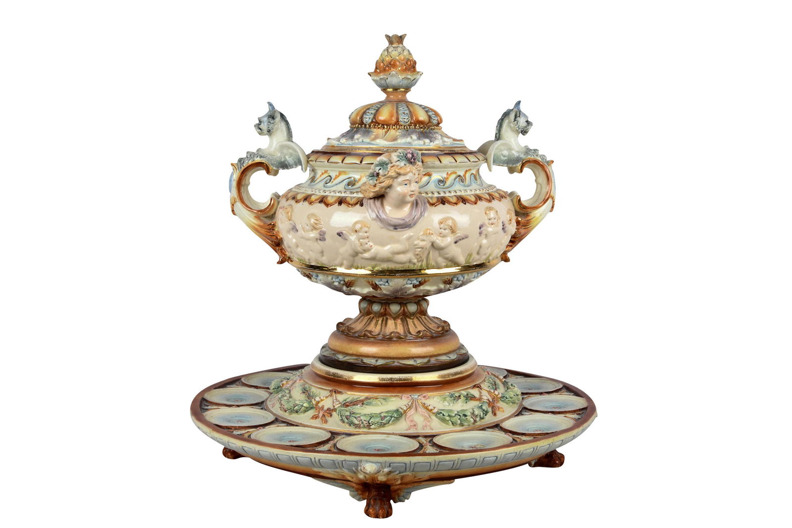 ITALIAN GLAZED CERAMIC TUREEN ON STAND (1 of 11)