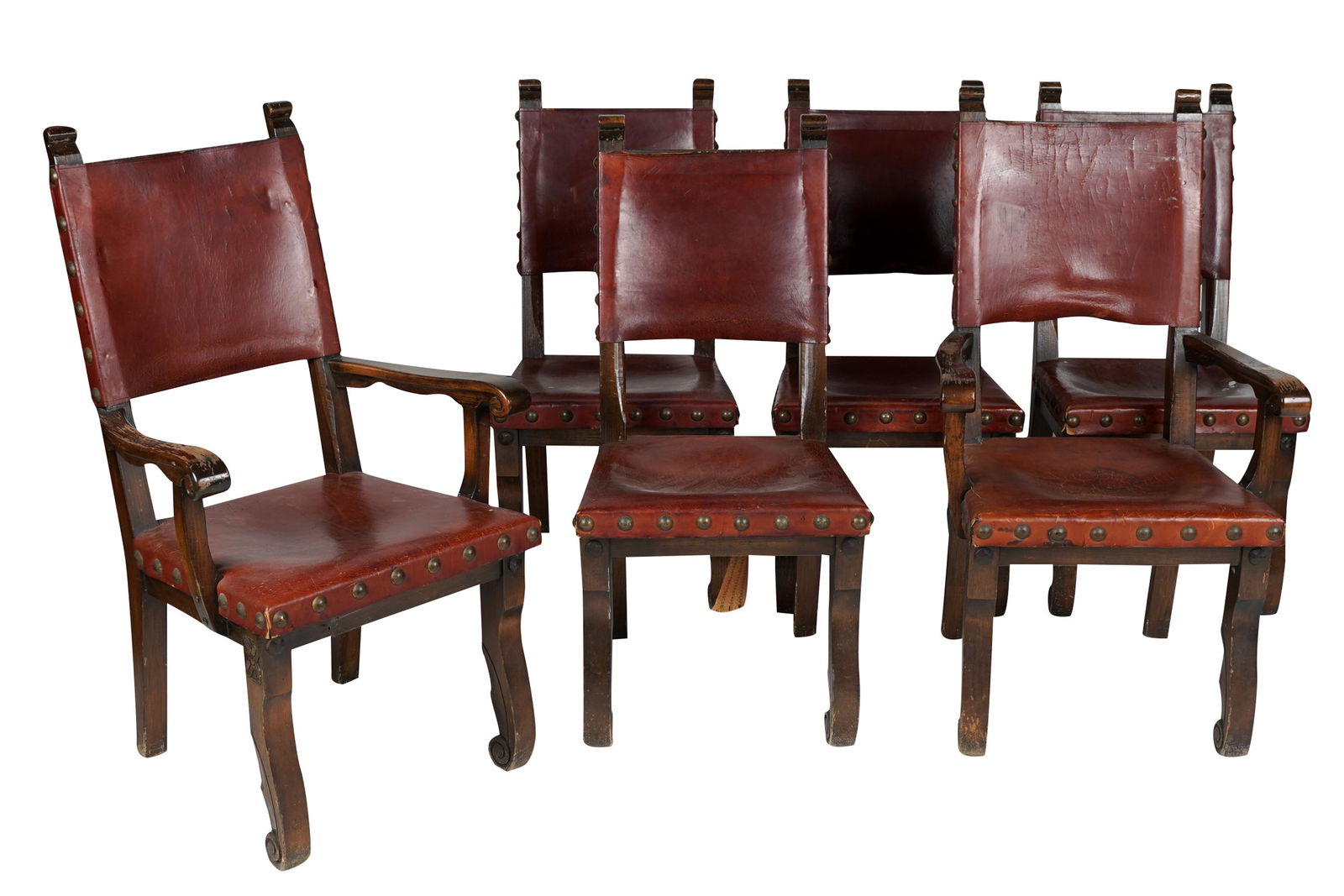 SET OF SIX SPANISH WALNUT & STUDDED LEATHER DINING (1 of 10)