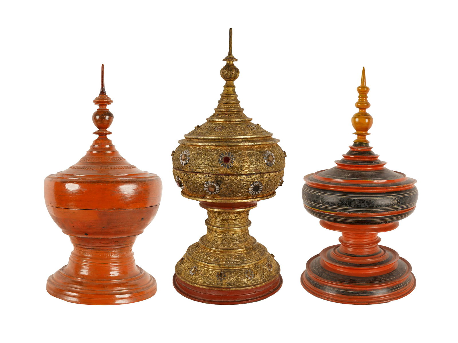 THREE ASSORTED LACQUERED & GILT PAGODA BOXES (1 of 20)