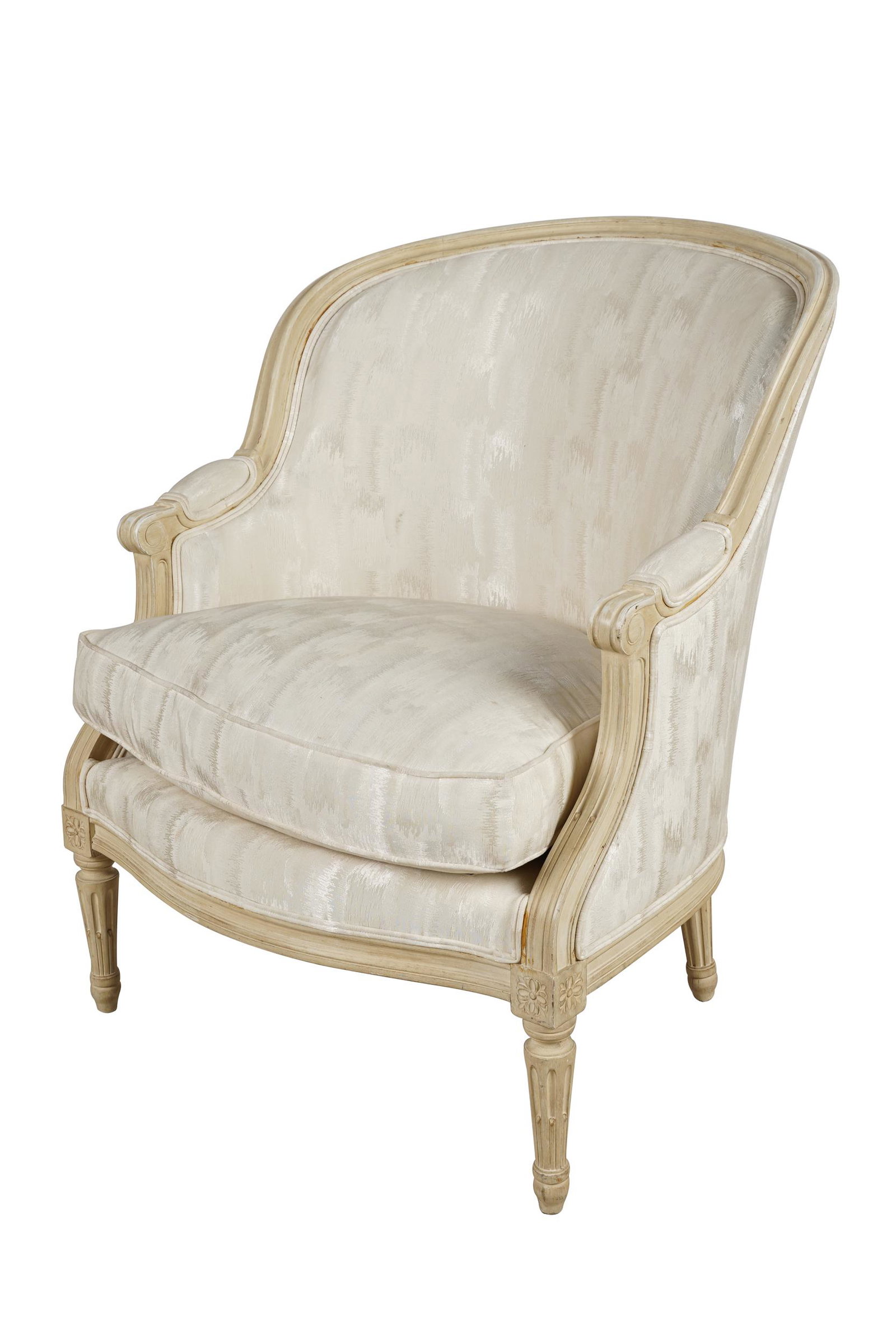 WHITE PAINTED BERGERE: 20th century, in the Louis XV style Condition: with stains to upholstery 28 1/2 inches wide; 28 inches deep; 36 inches high