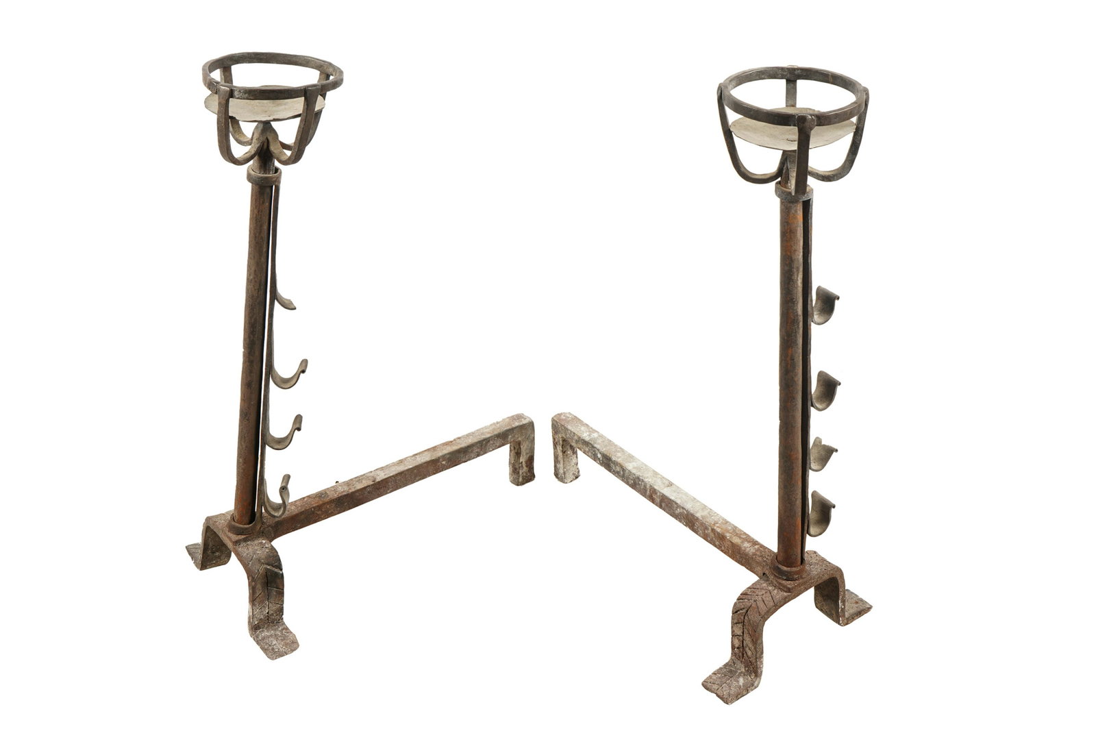 PAIR OF IRON ANDIRONS: with rusting throughout 18 inches wide; 28 inches deep; 30 inches high