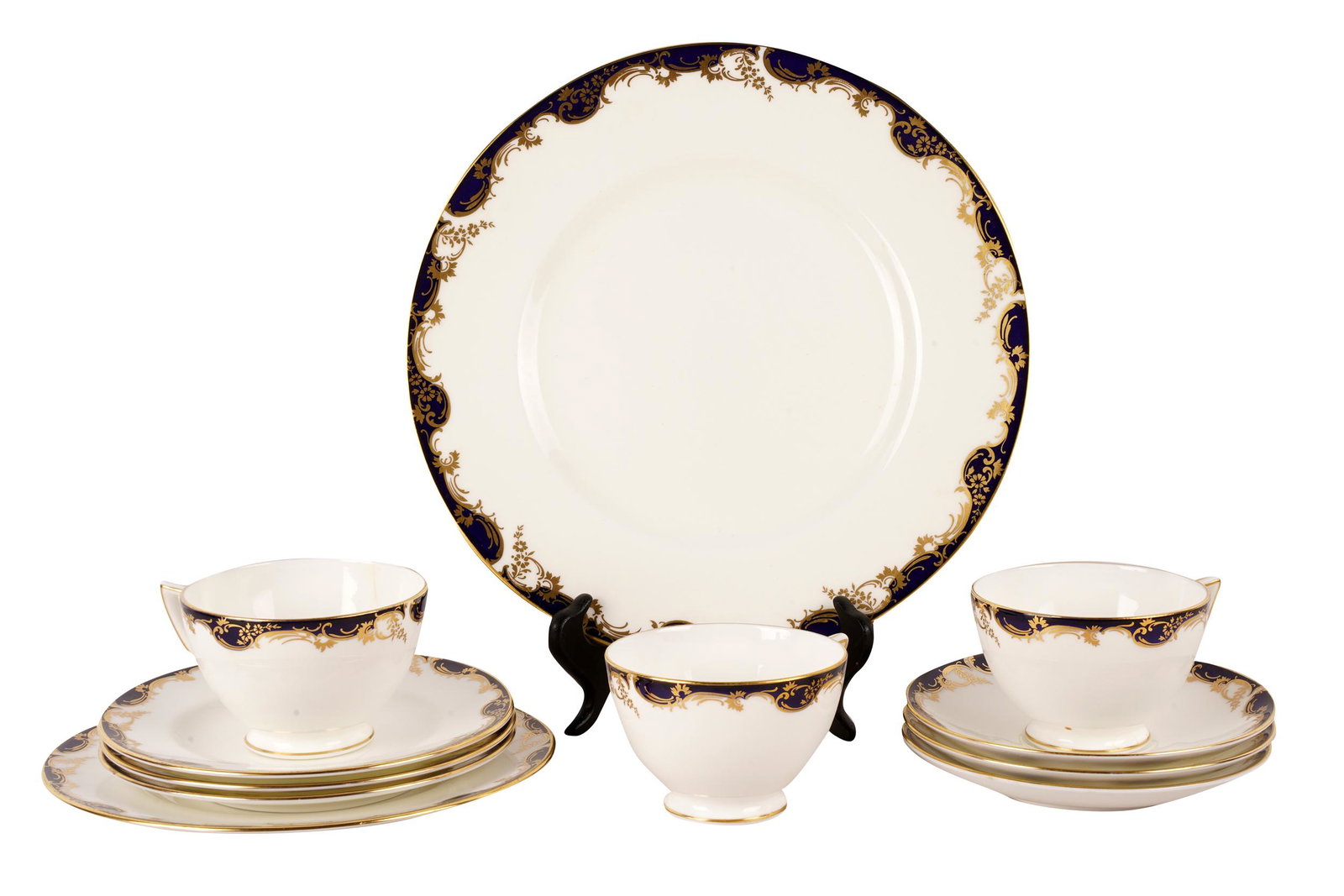 MINTON BONE CHINA SERVICE: 'Versailles' pattern with gilt and cobalt border, with printed and impressed factory marks, a partial service comprising 10 dinner plates (10 3/4 inches diameter), 10 dessert plates (7 3/4 inches diam