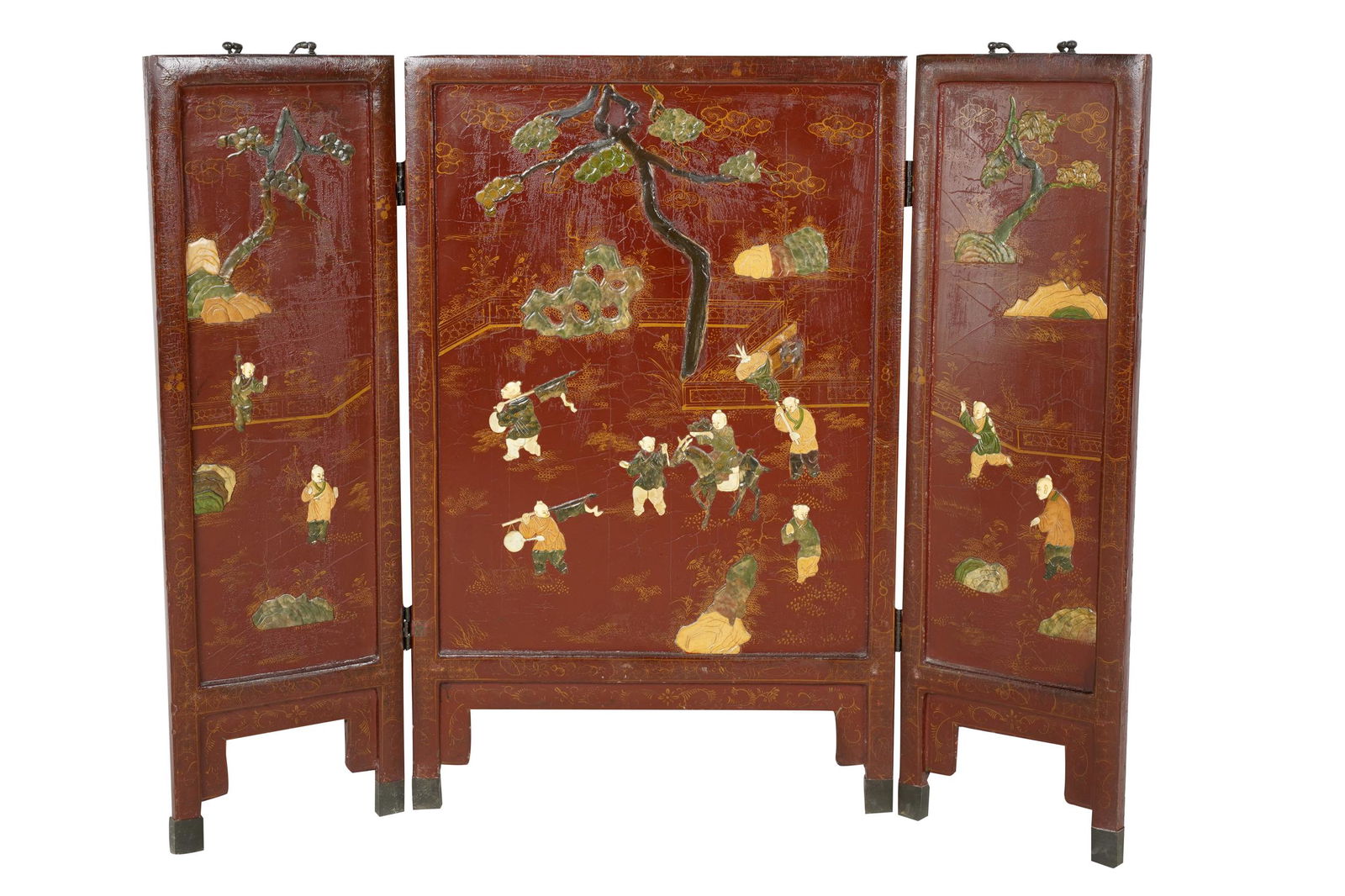 CHINESE CARVED & LACQUERED THREE-PANEL SCREEN (1 of 7)